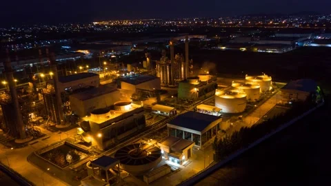 Aerial Hyperlapse Time lapse of oil refinery terminal is industrial facility  Stock Footage 146070523