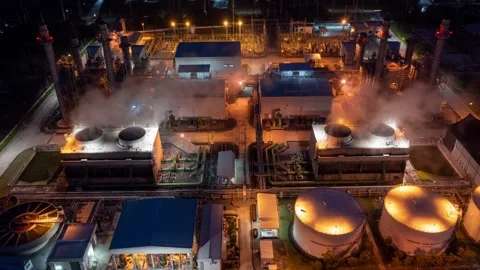 Aerial Hyperlapse Time-lapse of oil refinery terminal is an industrial  Stock Footage 194540944