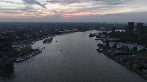 Aerial hyperlapse time lapse of the skyline of Amsterdam, The Netherlands at Stock Footage 252600661