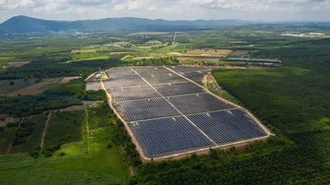 Aerial Hyperlapse Time lapse ,Solar power plants have clouds moving through  Stock Footage 110492968