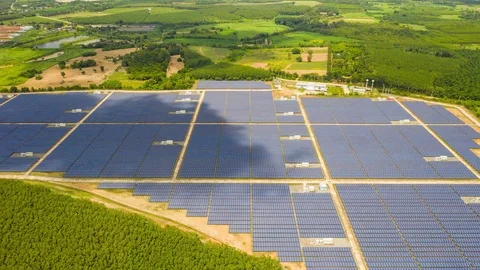 Aerial Hyperlapse Time lapse, Solar power plants have clouds moving  Video stock 118299940
