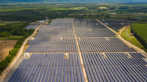 Aerial Hyperlapse Time lapse, Solar power plants have clouds moving  Stock Footage 118300007