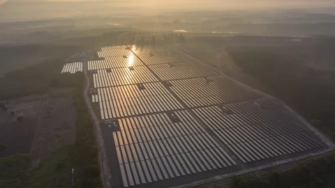 Aerial Hyperlapse Time lapse, Solar power plants have clouds moving through  Video stock 118758019