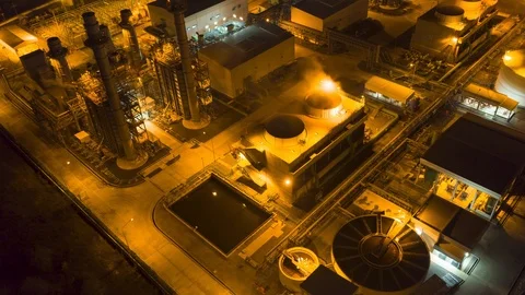 Aerial Hyperlapse Time lapse. Thermal power industry power plant and Oil refiner Stock Footage 122373165