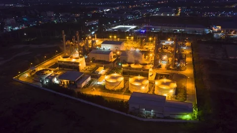 Aerial Hyperlapse Time lapse. Thermal power industry power plant and Oil refiner Stock Footage 122373172