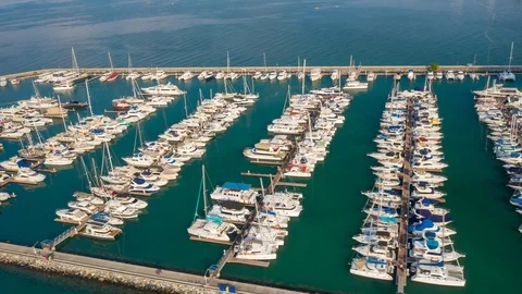 Aerial Hyperlapse Time lapse. of yachts in the marina at sea Stock-Footage 122373151