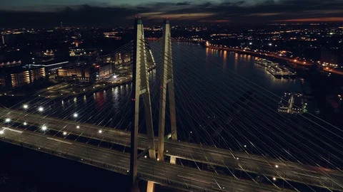 AERIAL. Hyperlapse timelapse moving of night city traffic on 4-way bridge, 4K Stock Footage 108971060