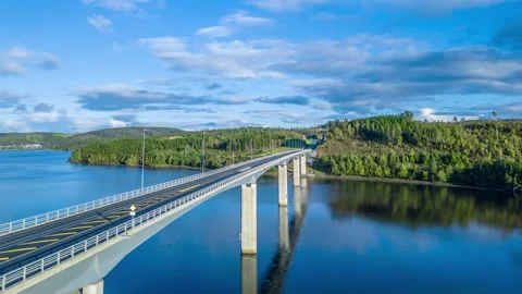 Aerial Hyperlapse - Timelapse of traffic on a bridge over a fjord Stock Footage 286122066