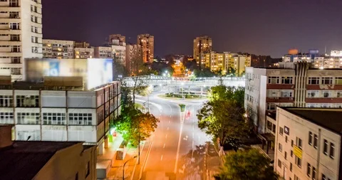 Aerial Hyperlapse Timeplapse Over Urban Intersection Night Traffic Society Stock Footage 97699260