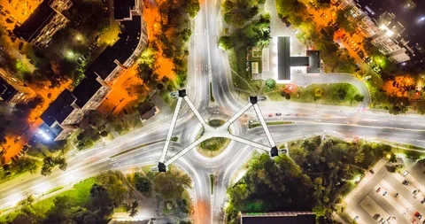 Aerial Hyperlapse Timeplapse Over Urban Intersection Night Traffic Human Life Stock Footage 97702480