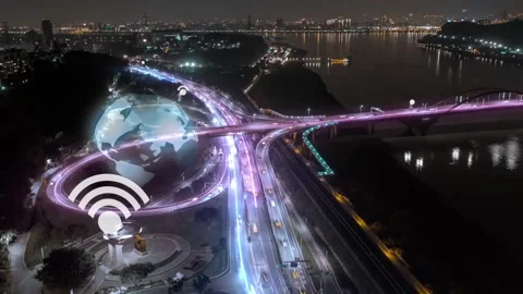 Aerial hyperlapse of traffic on road in modern city with wireless network Stock Footage 158289373