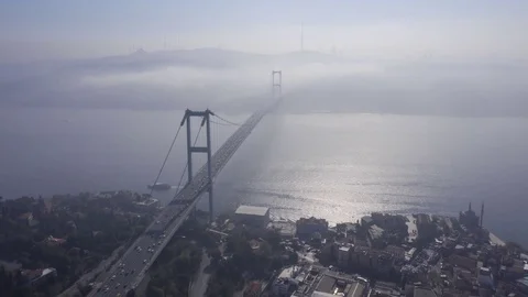 Aerial hyperlapse video of bosphorus Bridge on a foggy day in Istanbul, Turkey. Stock Footage 118374494