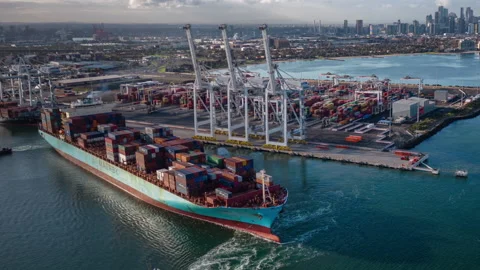 Aerial hyperlapse video of container ship departing from Port of Melbourne Stock Footage 200067220