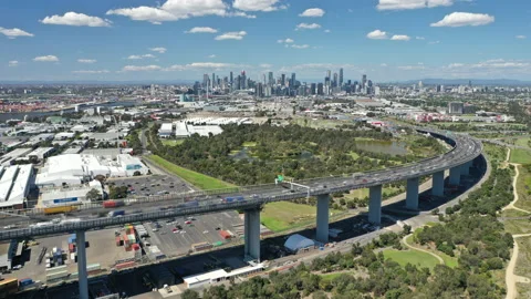 Aerial hyperlapse video of highway connected to Melbourne CBD in Australia Stock Footage 142871791