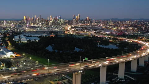 Aerial hyperlapse video of highway connected to Melbourne CBD at night Stock-Footage 156722718