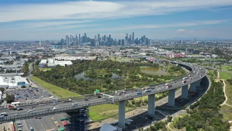 Aerial hyperlapse video of highway connected to Melbourne CBD in Australia Stock Footage 166536868
