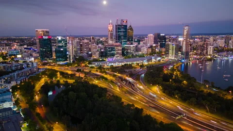 Aerial hyperlapse video of Perth and highway traffic in Australia at night Stock Footage 233303231