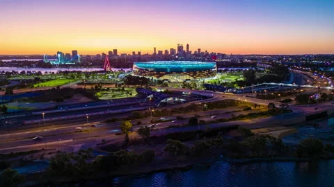 Aerial hyperlapse video of Perth city and highway traffic in Australia Stock Footage 233147286