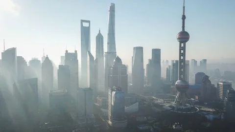 Aerial hyperlapse video of Shanghai in the morning Stock Footage