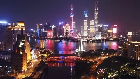 Aerial hyperlapse video of Shanghai at night Stock Footage