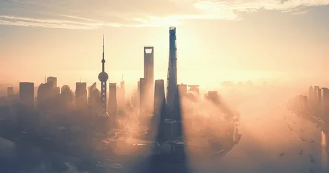 Aerial hyperlapse video of Shanghai at sunrise Stock Footage