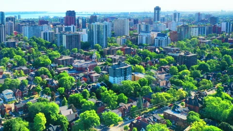 Aerial hyperlapse view approaching Hamilton, Ontario, Canada city center 4K Stock Footage 229646916