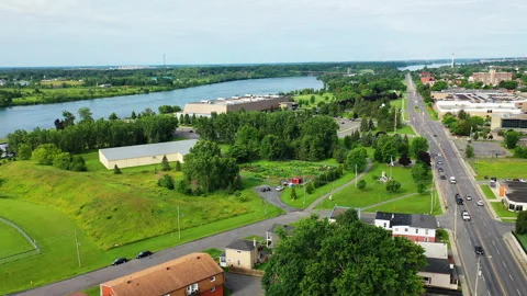 Aerial hyperlapse view of Cornwall, Ontario, Canada in morning, exclusive 4K Stock Footage 254711250