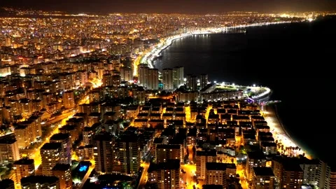 Aerial hyperlapse view of Mersin at night Stock Footage