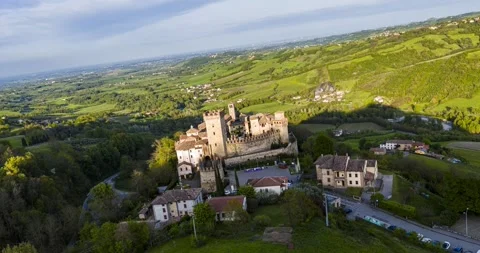 Aerial Hyperlapse of Vigoleno Castle and Hilltop Medieval Village in Italian Stock Footage 333894741
