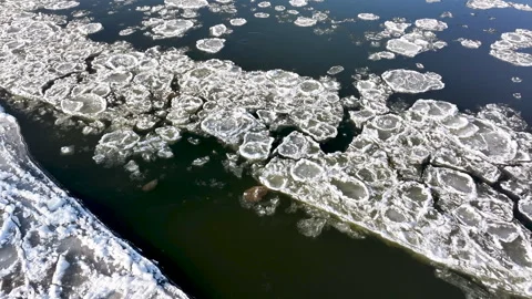 Aerial ice float breaking Vistula River winter Poland fast 4K Stock Footage 327455285
