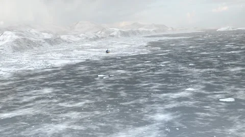 Aerial of ice station between animated frozen lake and mountains 스톡 동영상 67554258