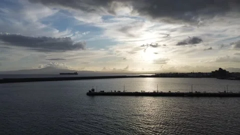 Aerial iconic sunset view over the port of Kalamata seaside city, Greece Stock Footage 239101265