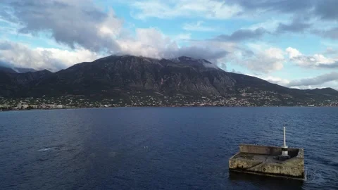 Aerial iconic sunset view over the port of Kalamata seaside city Stock Footage 239101437