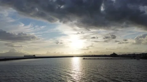 Aerial iconic sunset view over the port of Kalamata seaside city, Greece Stock Footage 239102183