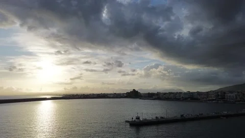 Aerial iconic sunset view over the port of Kalamata seaside city, Greece Stock Footage 239102313