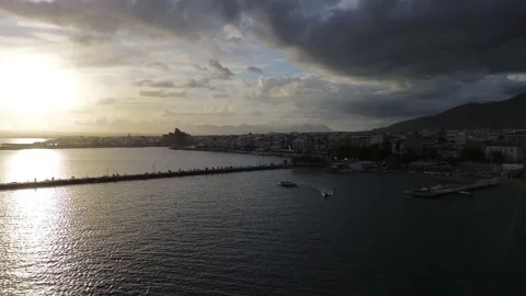 Aerial iconic sunset view over the port of Kalamata seaside city, Greece Stock Footage 239103215