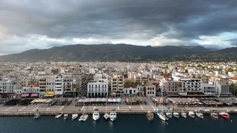 Aerial iconic sunset view over the port of Kalamata seaside city, Greece Stock Footage 239103964