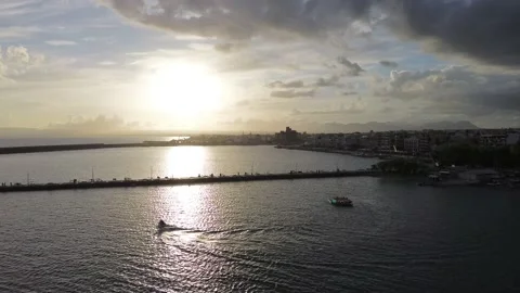 Aerial iconic sunset view over the port of Kalamata seaside city, Greece Stock Footage 239104503