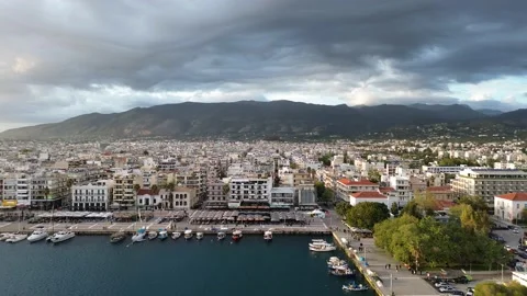 Aerial iconic sunset view over the port of Kalamata seaside city, Greece Stock Footage 239105486