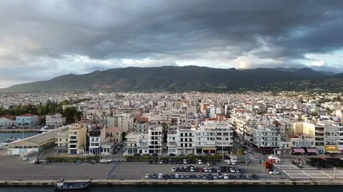 Aerial iconic sunset view over the port of Kalamata seaside city, Greece Stock Footage 239105522