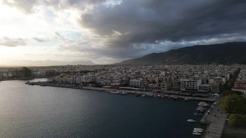 Aerial iconic sunset view over the port of Kalamata seaside city, Greece Stock Footage 239106151