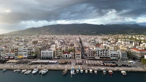 Aerial iconic sunset view over the port of Kalamata seaside city, Greece Stock Footage 239106391