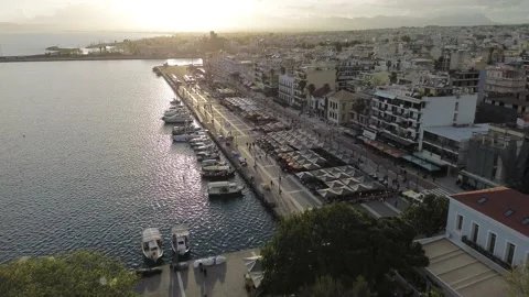 Aerial iconic sunset view over the port of Kalamata seaside city, Greece Stock Footage 239106715