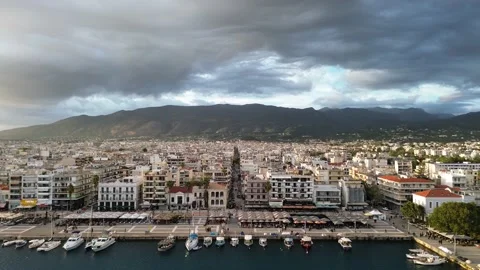 Aerial iconic sunset view over the port of Kalamata seaside city, Greece Stock Footage 239107454