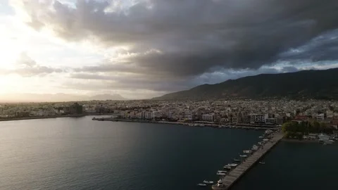 Aerial iconic sunset view over the port of Kalamata seaside city, Greece Stock Footage 239107798