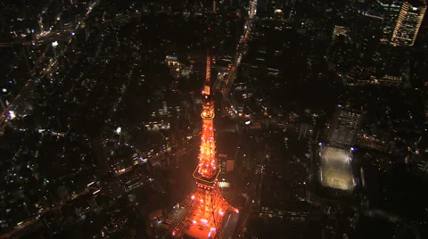Aerial illuminated close up Metropolis night Tokyo Tower Odaiba Japan Stock Footage