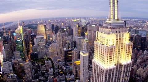 Aerial illuminated view Empire State Building, Upper West Manhattan, New York, U Stock Footage