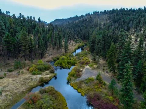 Aerial image of a river in the fall Stock Photos