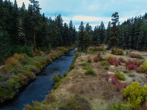 Aerial image of a river in the fall Stock Photos