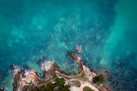 Aerial image of the sea at winter, rocky coast Stock Photos
